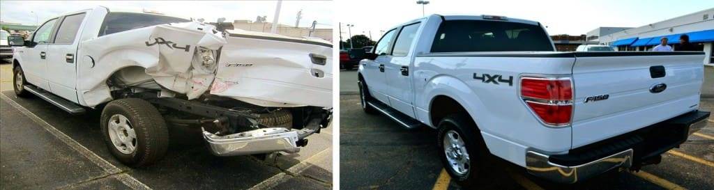Damaged white Ford F-150 truck showing significant rear-end collision damage on the left side and a clean, undamaged right side, illustrating the importance of certified repairs for Ford vehicles.