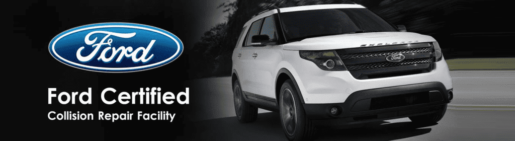 Ford logo and text "Ford Certified Collision Repair Facility" with a white Ford Explorer SUV driving, emphasizing certified repairs for Ford vehicles.