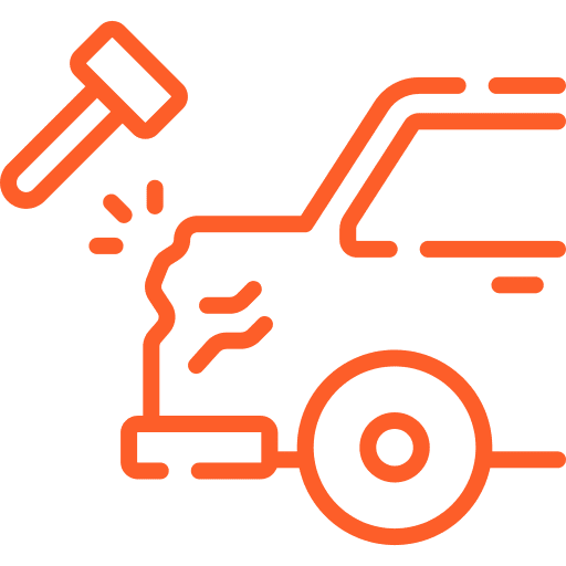 Car body repair illustration with a hammer striking a damaged vehicle, symbolizing expert structural repairs and quality auto services at Barry's Paint Shop.