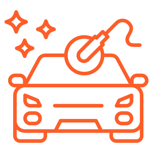 Car detailing icon featuring a polished vehicle with sparkling effects, symbolizing thorough cleaning and maintenance services offered by Barry's Paint Shop.